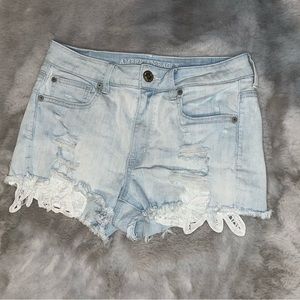 American Eagle AE 8 Hi Rise Shortie Distressed with Lace Detail